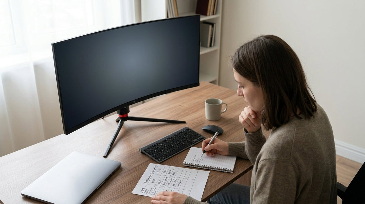 Person comparing a curved gaming monitor at a clean desk while checking value and fit.