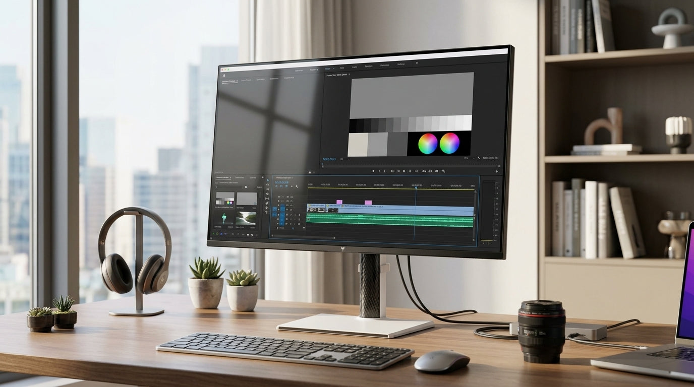 A KTC Mini-LED monitor on a creator desk with a neutral gray test image and editing software open