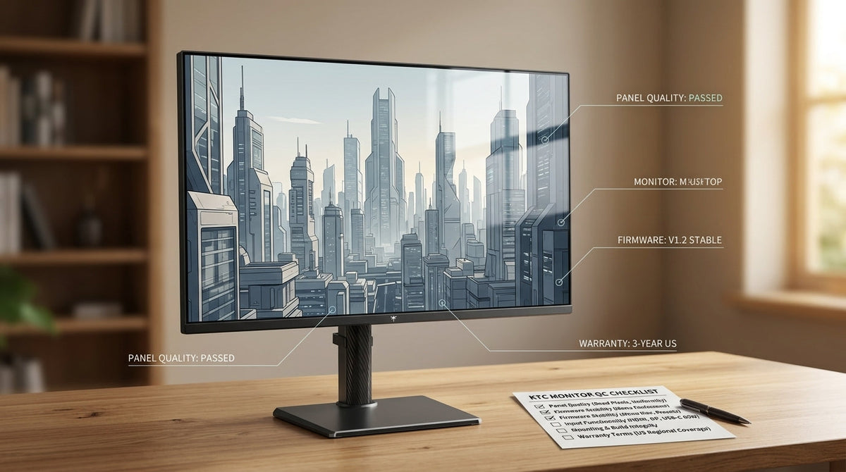 KTC monitor quality control checklist with panel, firmware, and warranty checks