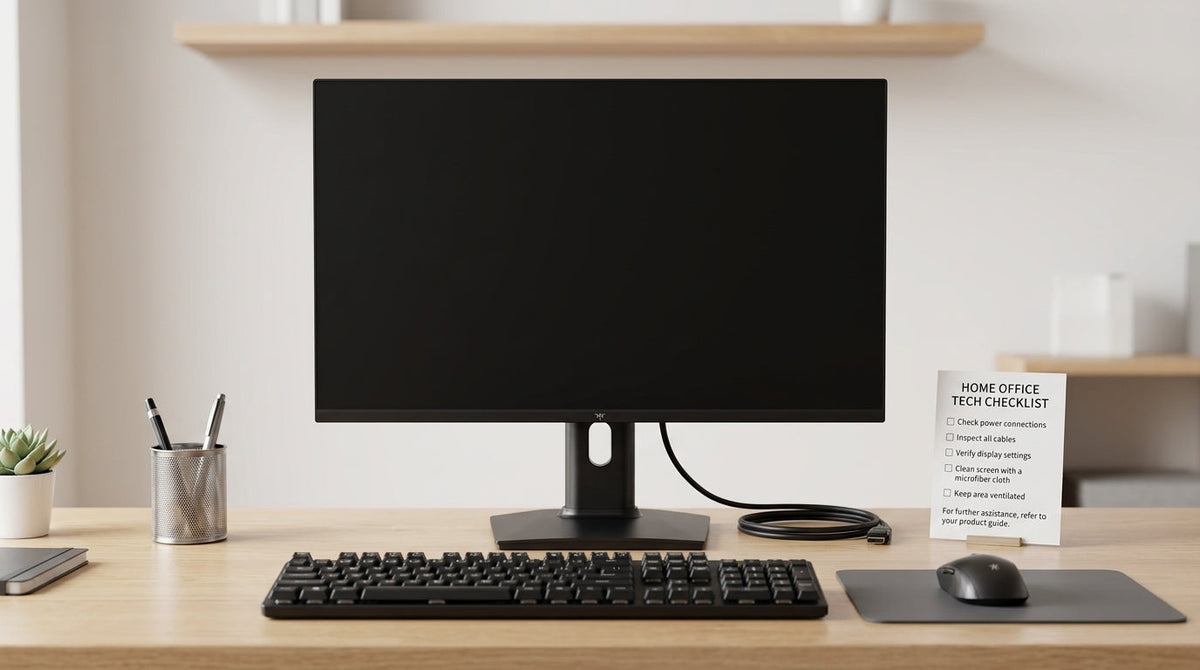 A KTC gaming monitor on a desk beside a keyboard and support checklist.