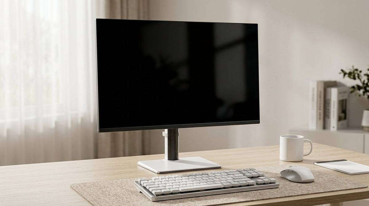 A clean 27-inch OEM monitor on a modern desk with a keyboard and mouse