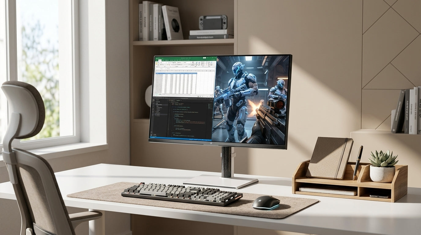 Hybrid desk with a monitor showing work windows beside a game scene in a bright room