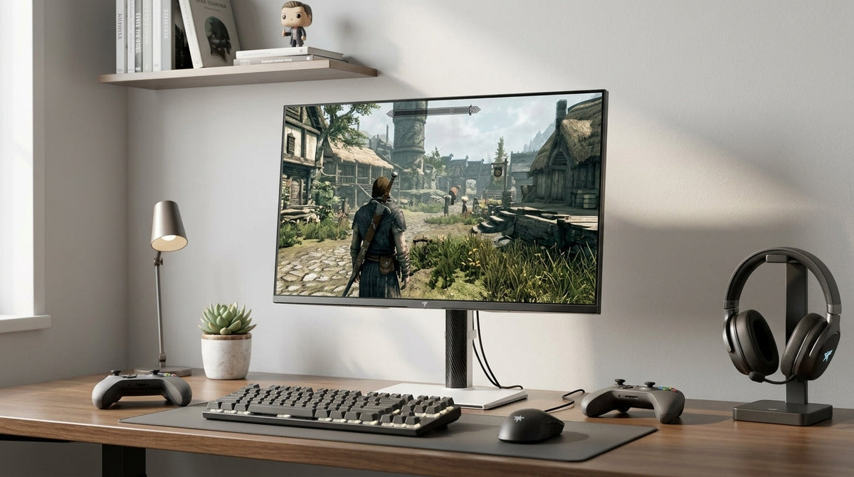 KTC 27-inch gaming monitor on a clean desk with keyboard and controller