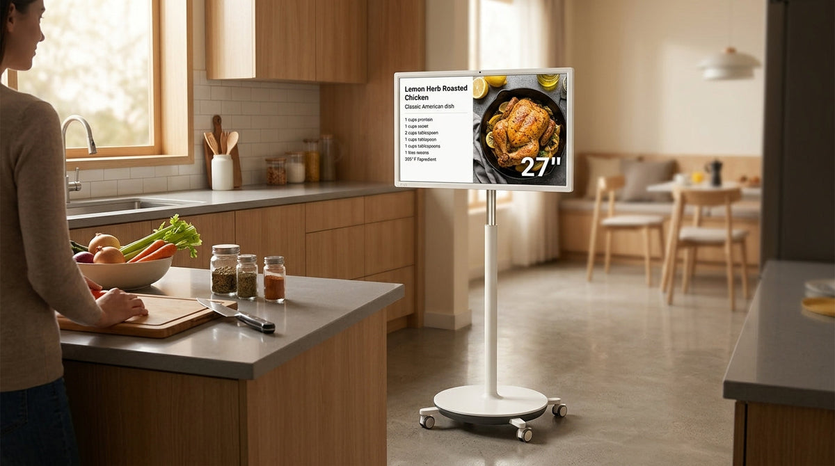 Rolling smart display in a bright modern kitchen beside meal prep ingredients