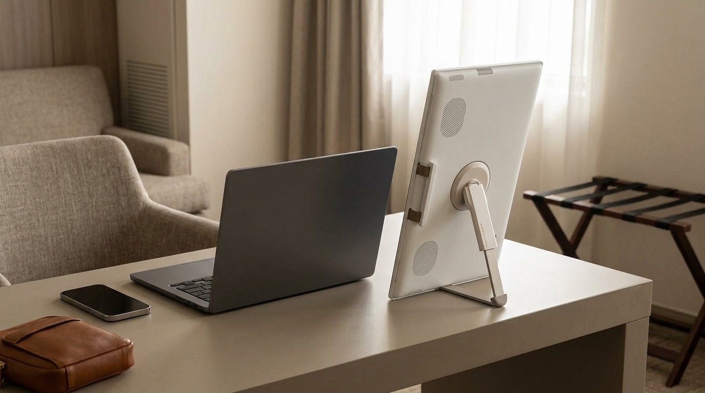 Portable smart display set up on a hotel desk beside a travel bag