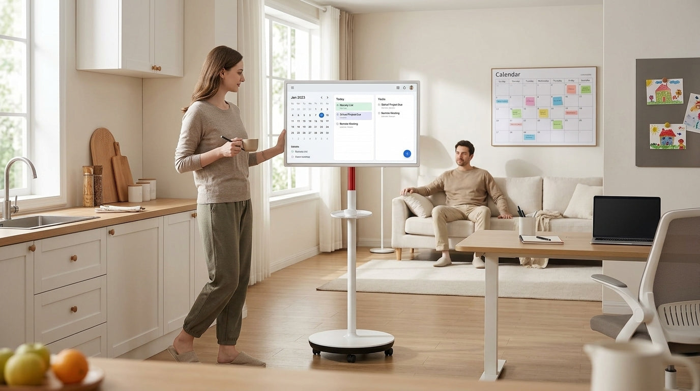 Rolling smart display in a home with kitchen, office, and living room use