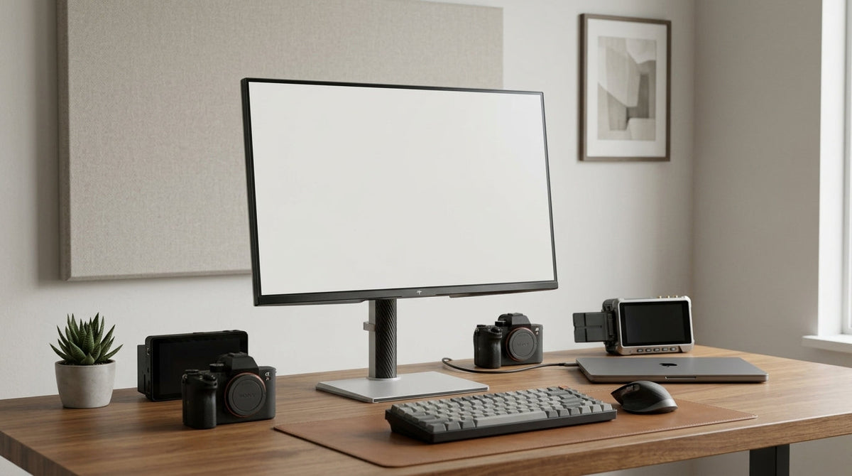 A 27-inch Mini-LED creator monitor on a modern desk beside a laptop, keyboard, and camera gear