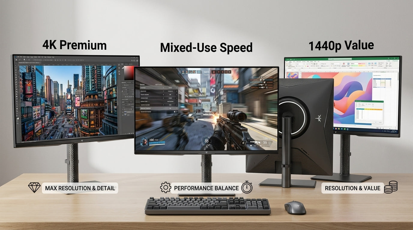Three 27-inch mini-LED monitors shown on a desk with different resolution and refresh-rate tiers