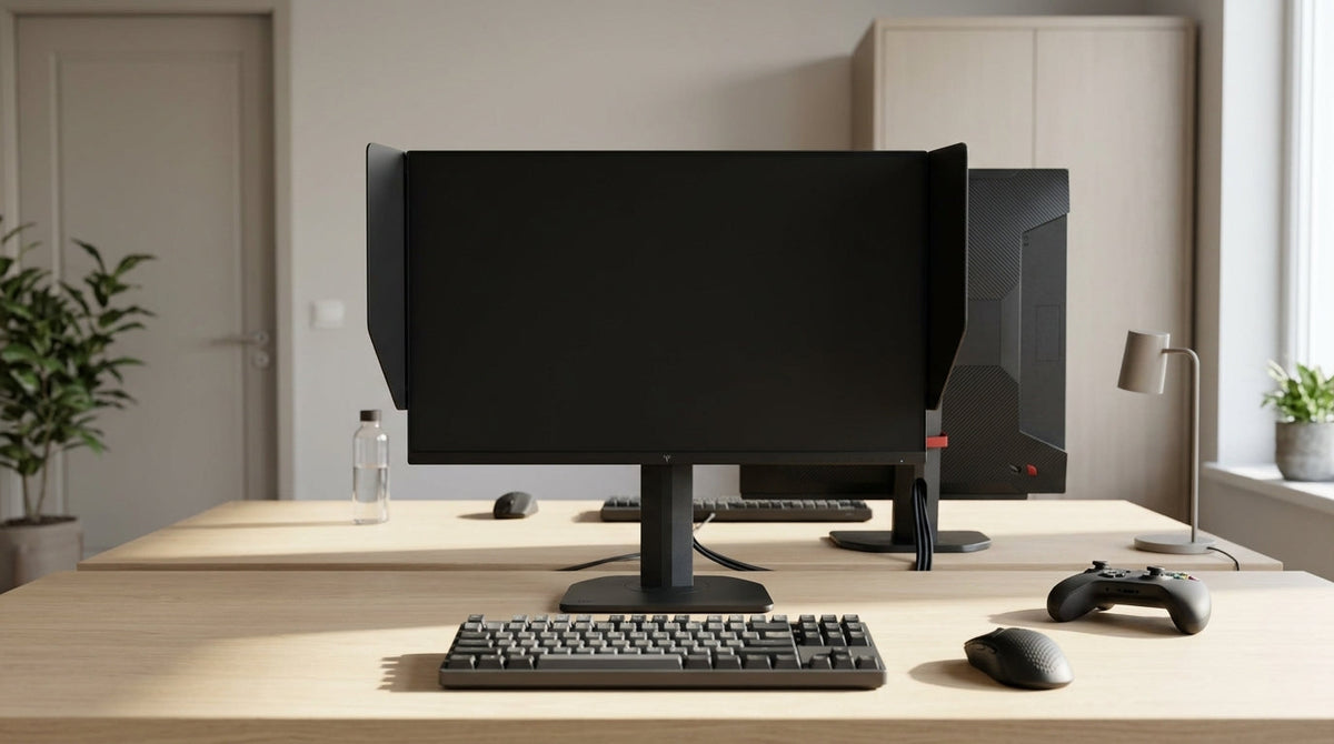 High-refresh gaming monitor on a clean desk with a keyboard and controller
