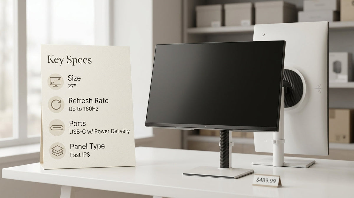 A clean 4K monitor checklist layout showing size, refresh rate, ports, and panel trade-offs