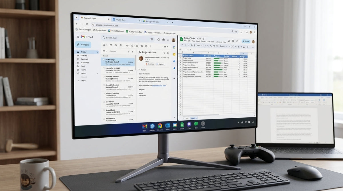 OLED desk monitor showing a productivity layout with a taskbar and a gaming setup in the background