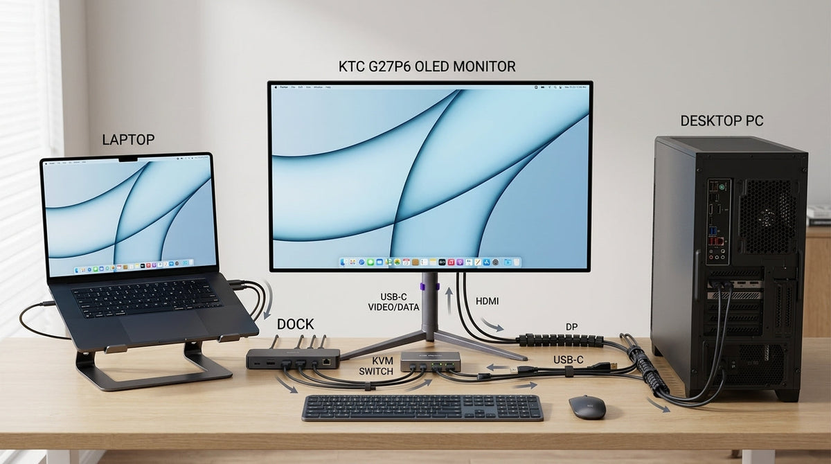 A tidy hybrid desk showing laptop, desktop, dock, KVM, and monitor connections.