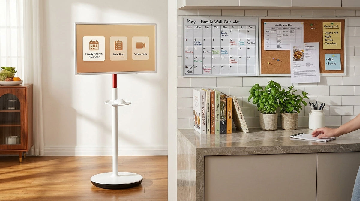 A rolling smart display in a kitchen command center setup