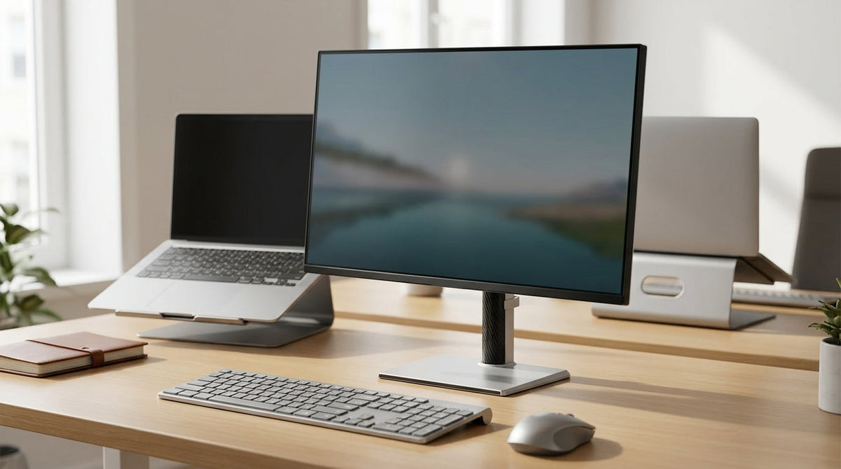 KTC monitor on a clean desk with an adjustable stand beside a keyboard and laptop