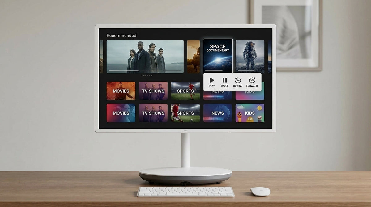 Smart display showing streaming app tiles and playback controls on a desk setup