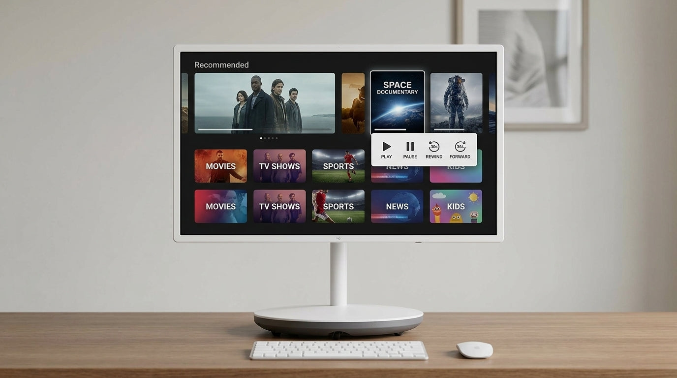 Smart display showing streaming app tiles and playback controls on a desk setup