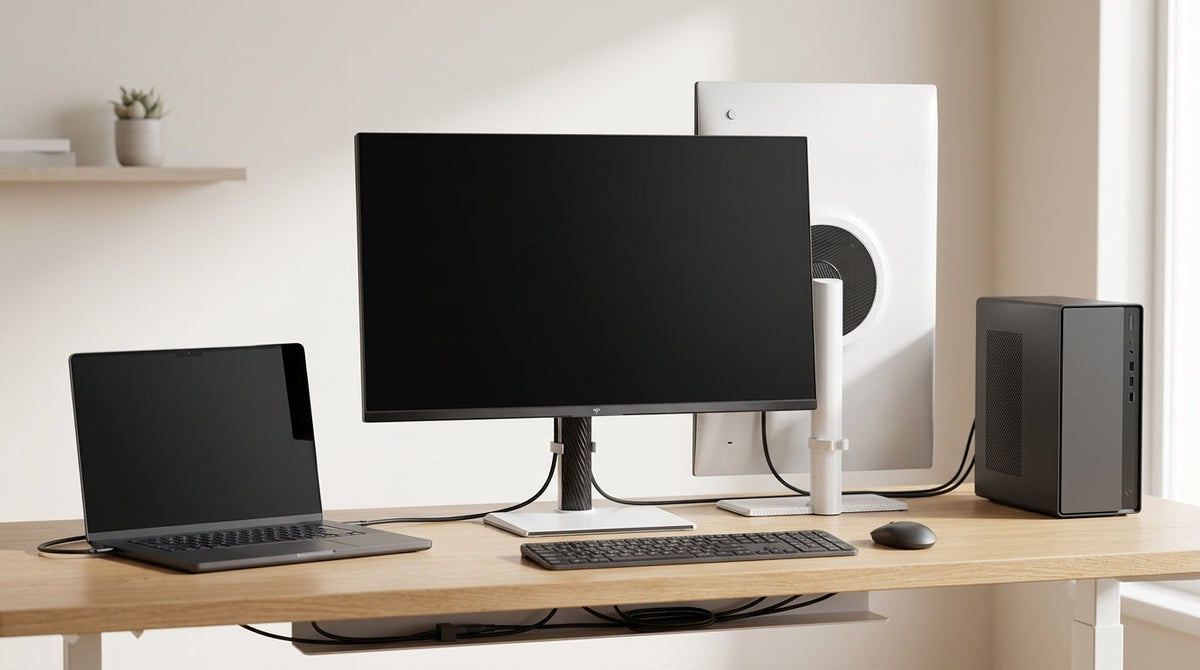 USB-C KVM monitor shown on a shared laptop and desktop desk