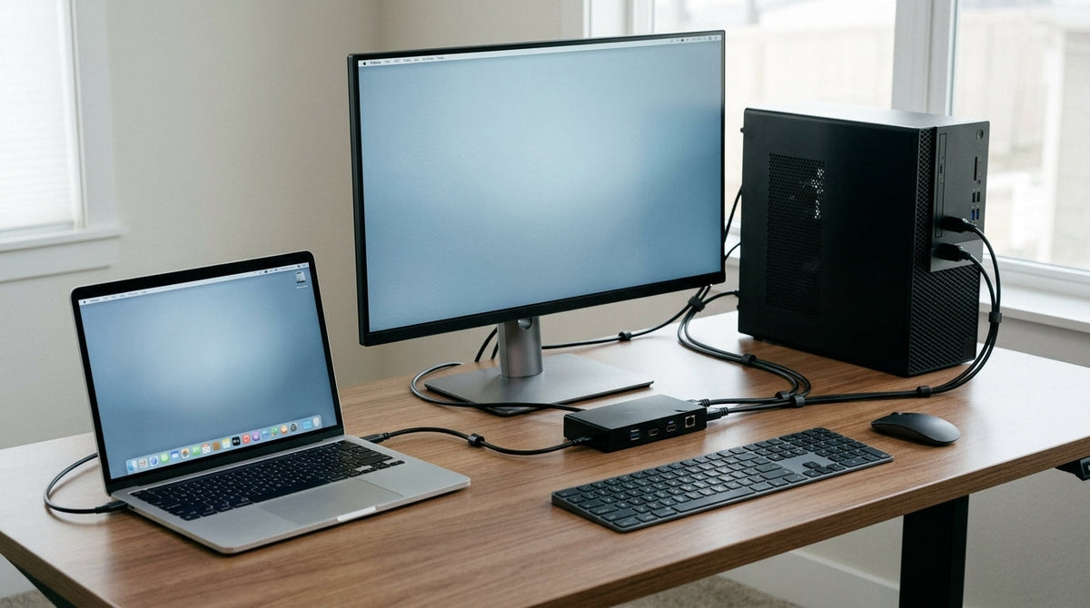 Hybrid desk with a USB-C KVM monitor connected to a laptop and a second computer, with keyboard, mouse, and visible cables on a clean office desk.