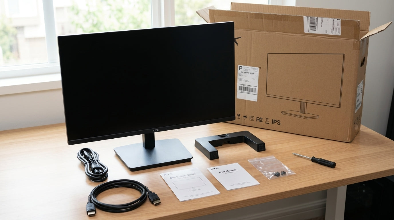 KTC monitor unboxing with screen, stand, cables, and packaging checked on a desk