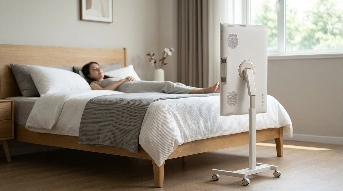 A rolling smart display in a modern bedroom beside the bed, showing a flexible setup for streaming and casual viewing.
