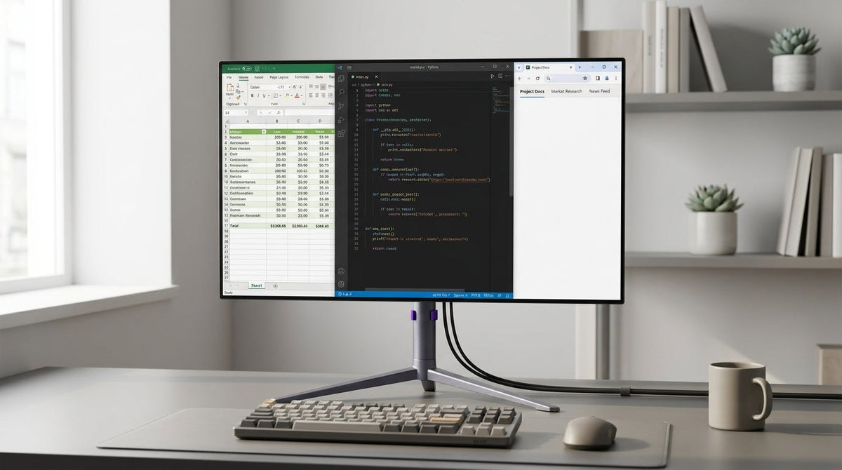 A modern OLED monitor on a home office desk with spreadsheets and coding windows open