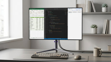 A modern OLED monitor on a home office desk with spreadsheets and coding windows open