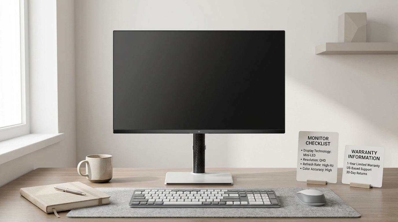 Neutral ecommerce cover showing a 27-inch KTC mini-LED monitor on a desk beside a keyboard and notebook, with a clean comparison and ownership decision theme