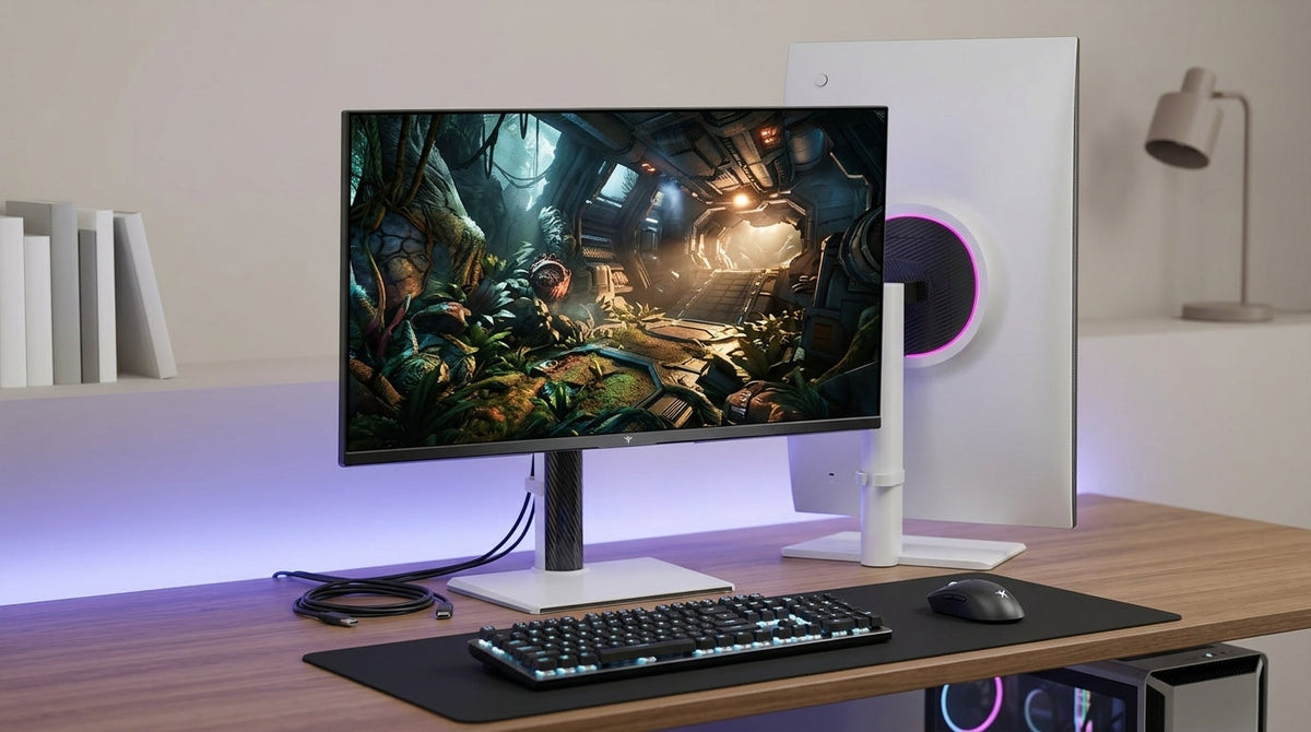 KTC M27P6 27-inch 4K Mini-LED gaming monitor on a desk with a game scene on screen