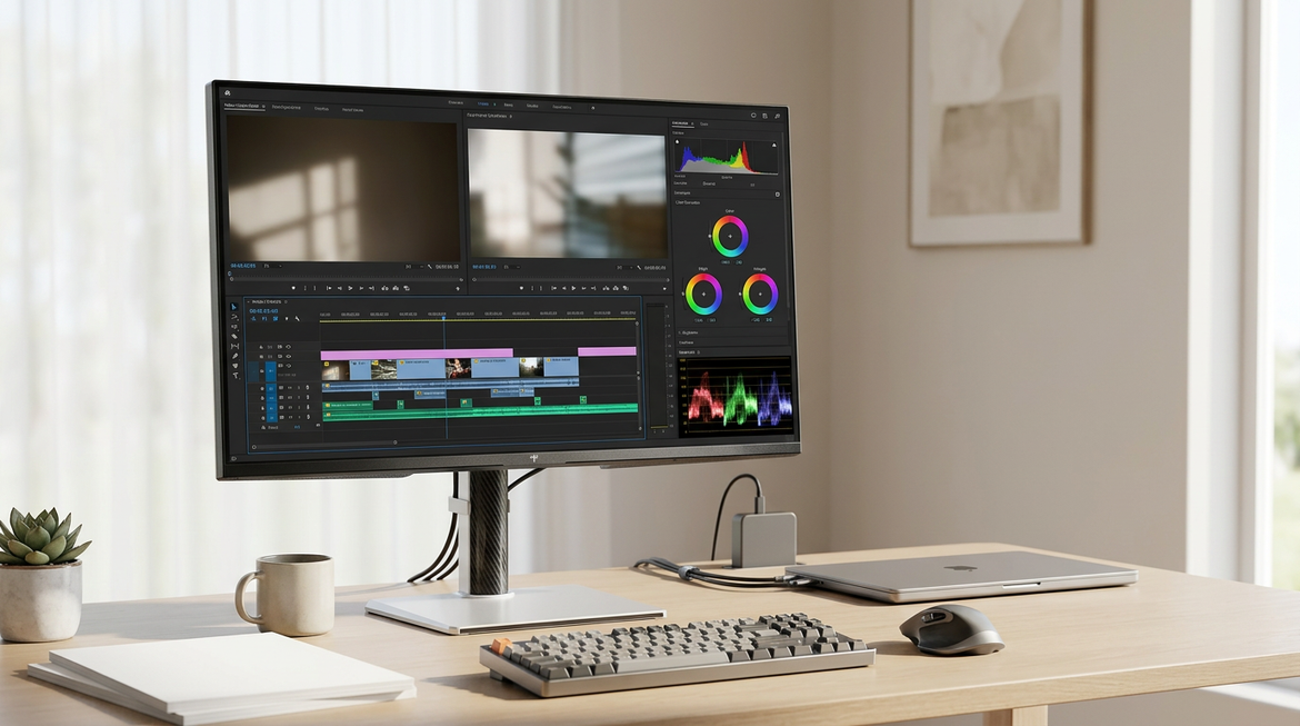 Mini-LED creator monitor on a clean editing desk