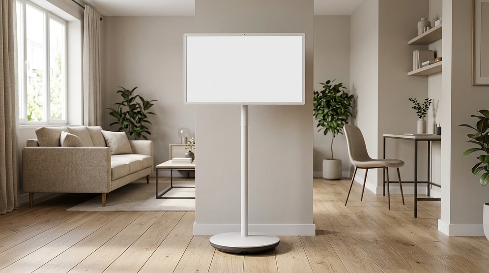 A rolling smart display in a modern apartment living room with a small work area nearby.