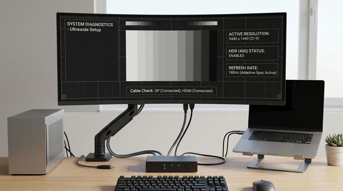 Ultrawide monitor connected through a KVM switch with HDR and refresh-rate test labels on a desk