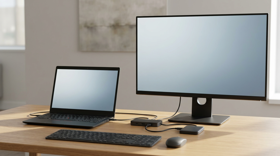 桌面上的 USB-C 扩展坞、笔记本电脑、显示器和外接设备，表现连接与供电、显示输出、数据传输的关系。