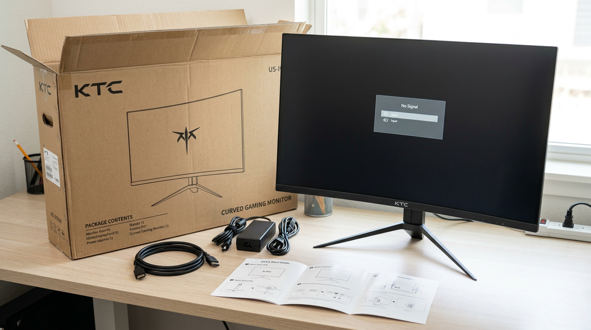 A new KTC gaming monitor on a desk next to its box and accessories