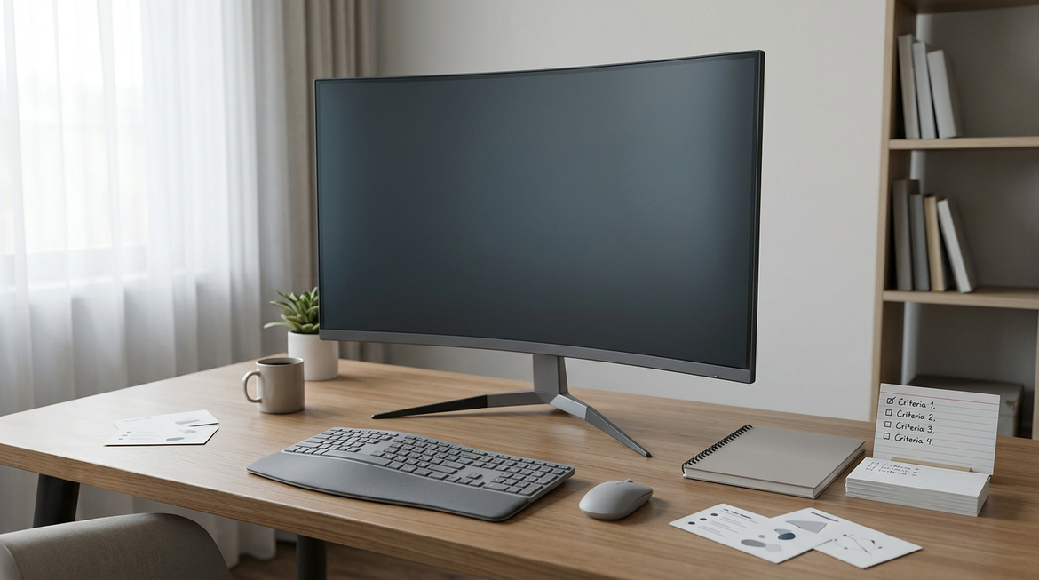 A simple home-office desk with a monitor, keyboard, notebook, and comparison notes for evaluating monitor value.
