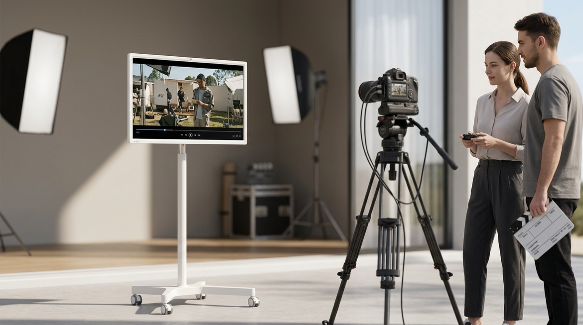 A portable smart display on a rolling stand beside a camera setup