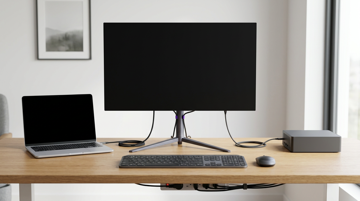 27-inch USB-C KVM monitor on a hybrid MacBook and Windows desk
