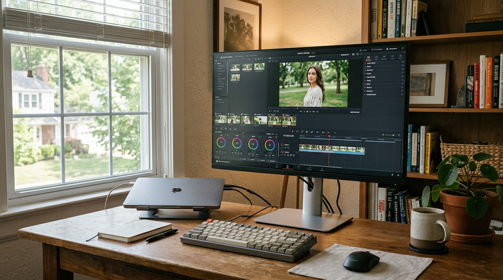 A creator monitor on a clean desk with neutral lighting