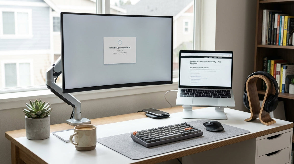 A desk setup with a monitor, firmware notes, and a buyer checking support details before purchase