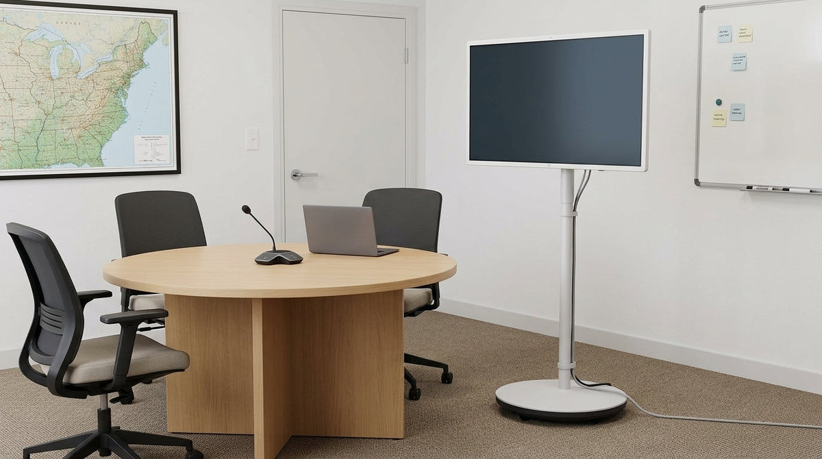 Rolling smart display in a small meeting room beside a conference table