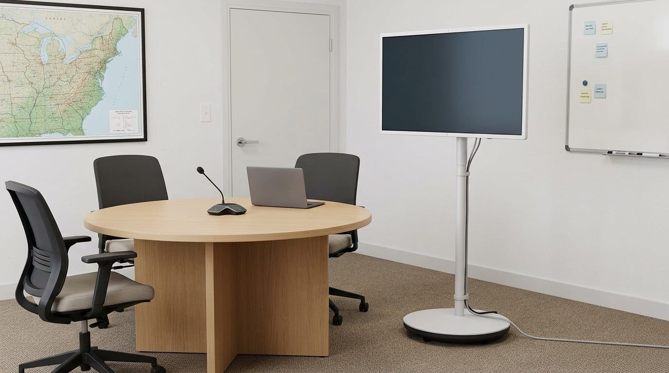 Rolling smart display in a small meeting room beside a conference table