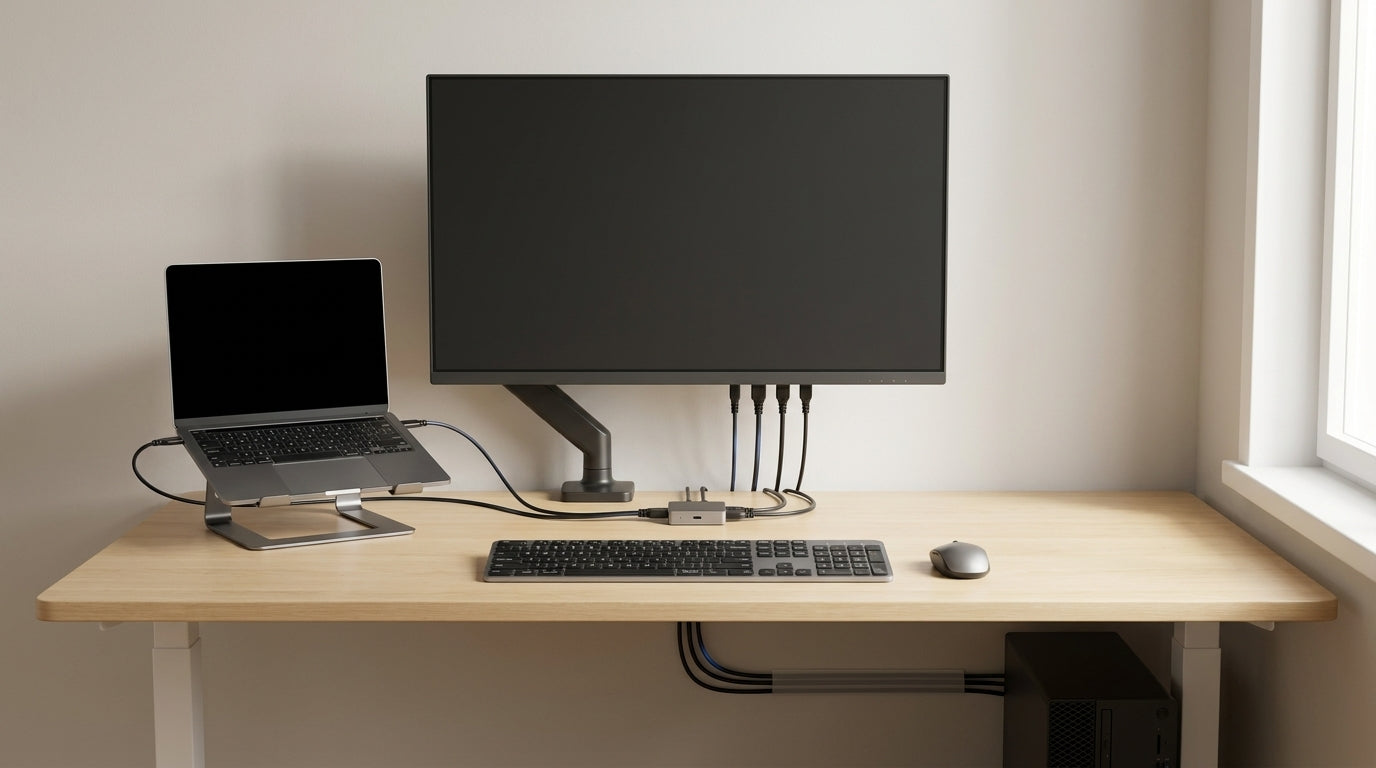 Tidy hybrid desk with laptop, desktop tower, shared monitor, keyboard, mouse, and clearly organized USB-C, DisplayPort, and HDMI cabling for a KVM setup.