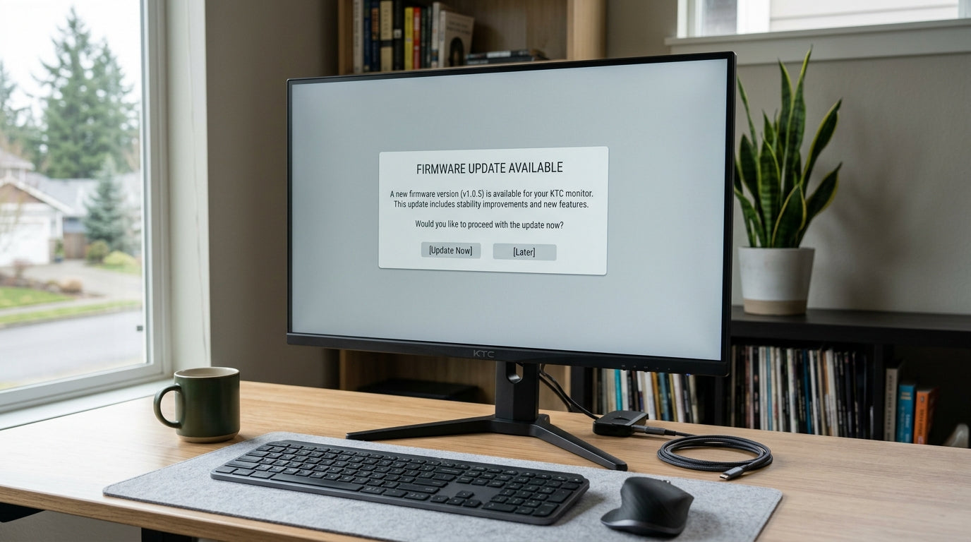 A KTC gaming monitor on a desk with a firmware update prompt on screen