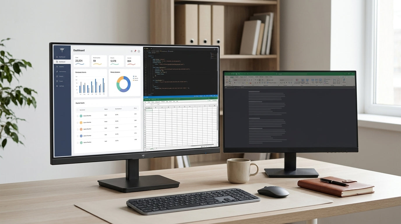 A modern office monitor on a desk with static dashboard and code layouts beside a second productivity display.