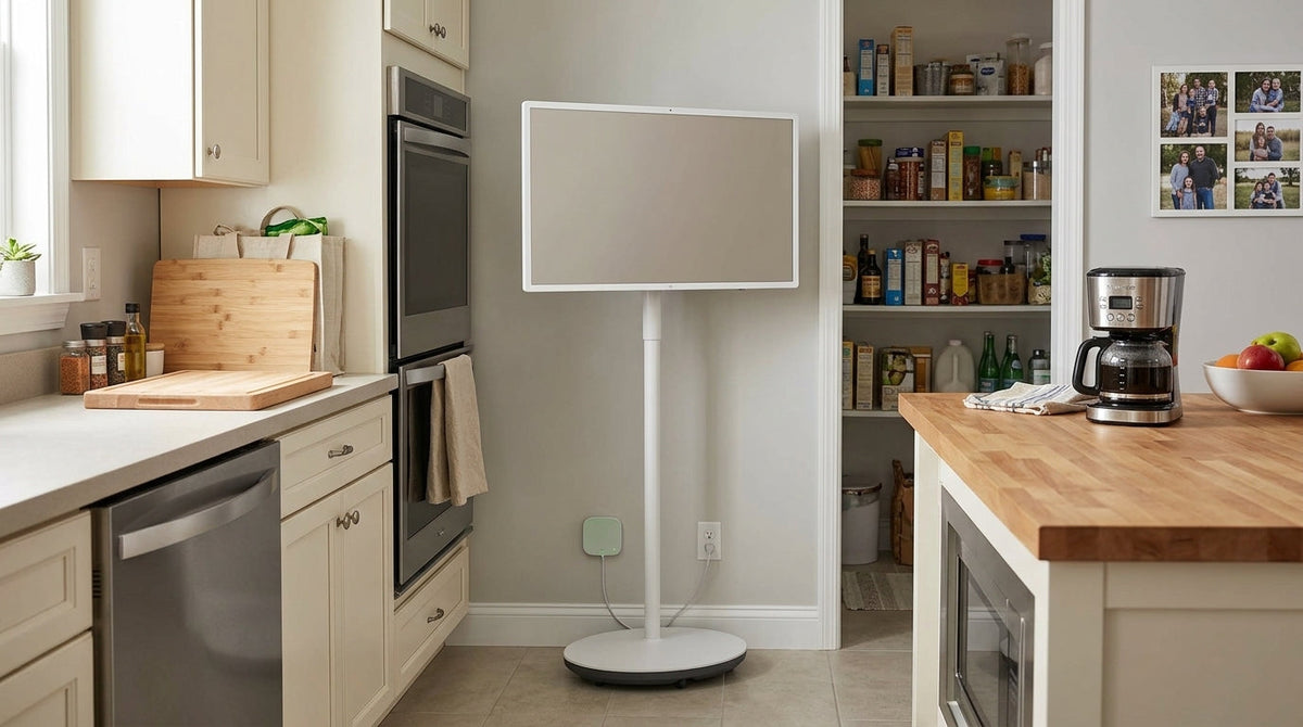 A rolling smart display parked beside a kitchen prep area, ready to serve as a home command center.