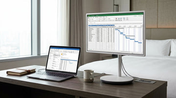 A MacBook beside a large portable smart display on a hotel desk