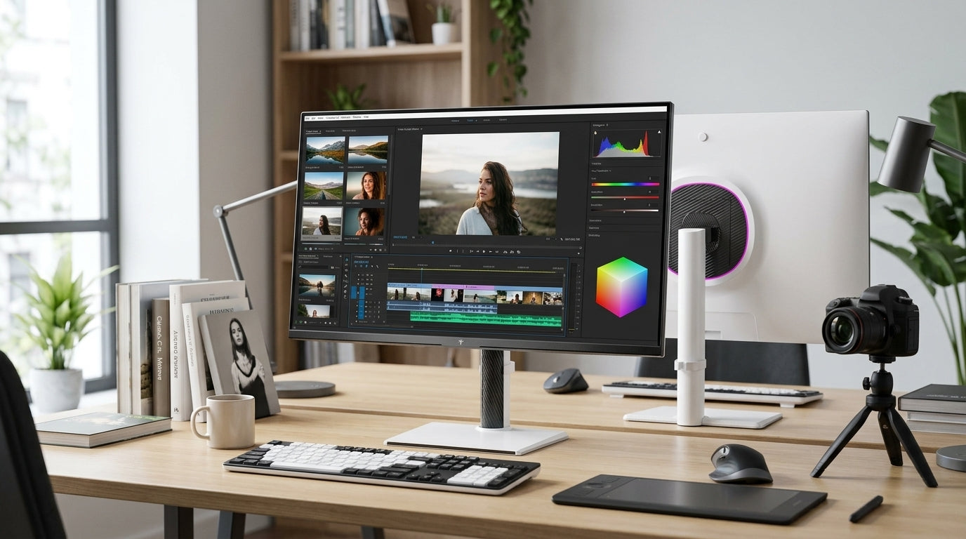 Hybrid photo and video editing desk with a creator monitor and timeline open
