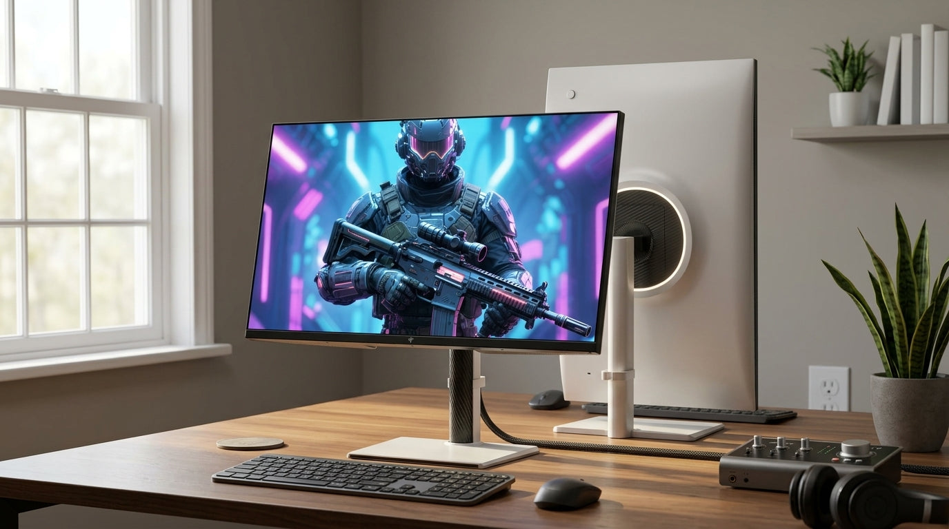 27-inch Mini-LED gaming monitor on a clean desk with bright HDR visuals