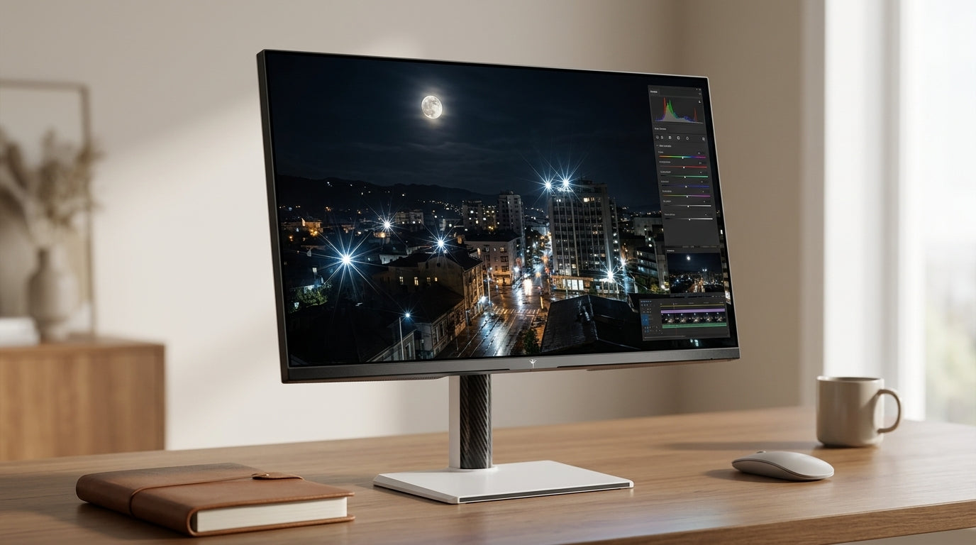 A 27-inch HDR monitor on a clean desk with a movie scene and photo editing window
