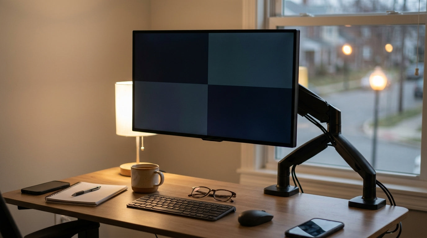 Mini-LED monitor on a home office desk with subtle blooming around bright UI elements in evening room light.