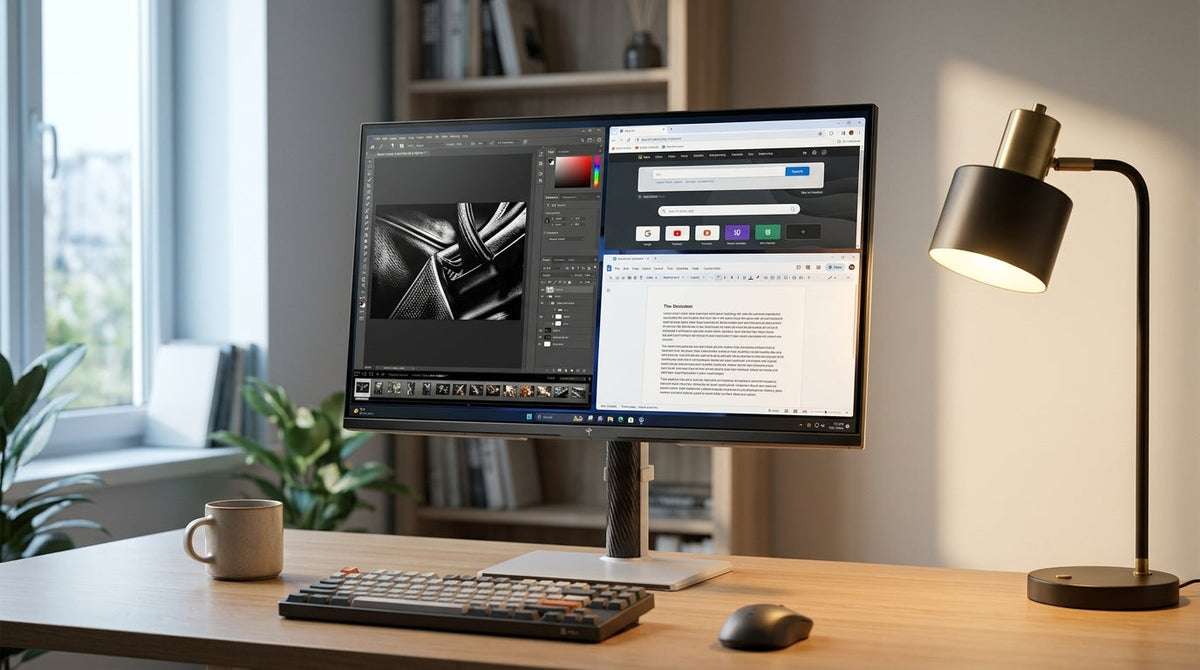 Mini-LED monitor on a desk with mixed room lighting from a window and lamp